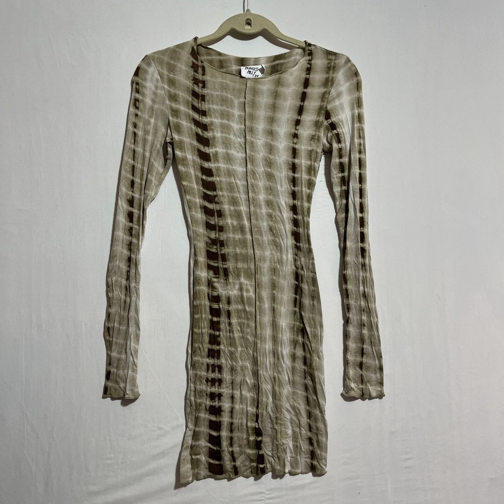 Princess Polly Sheath Dress Women's 2 Brown Gray Tie-Dye Round Neck Long Sleeve